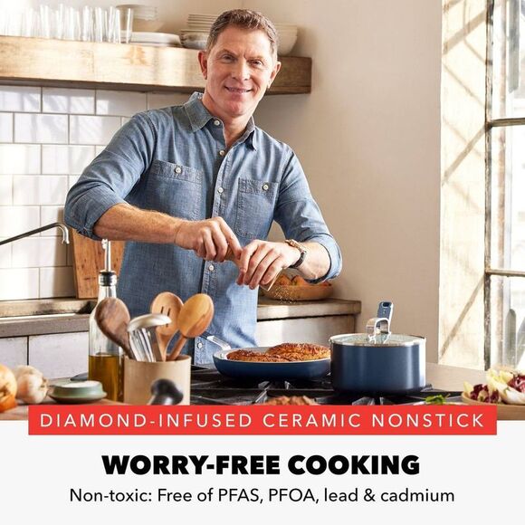 Open Box - Bobby Flay - 4.5qt Ceramic Nonstick Aluminum Saute P Blue - Picture 2 of 8